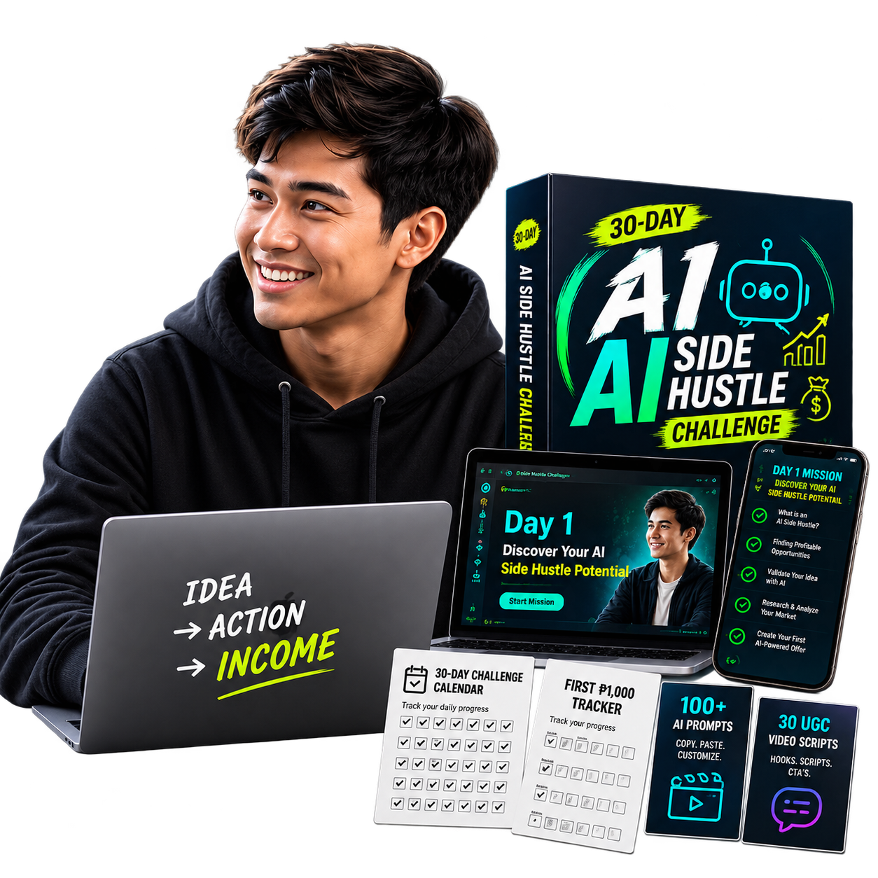30-Day AI Side Hustle Challenge kit shown with a smiling Filipino freelancer, laptop, phone missions and trackers